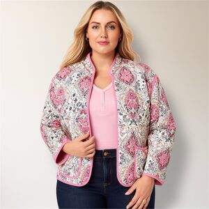 Torrid 3X Pink Medallion Quilted Open Jacket Lightweight Front Pockets Boho